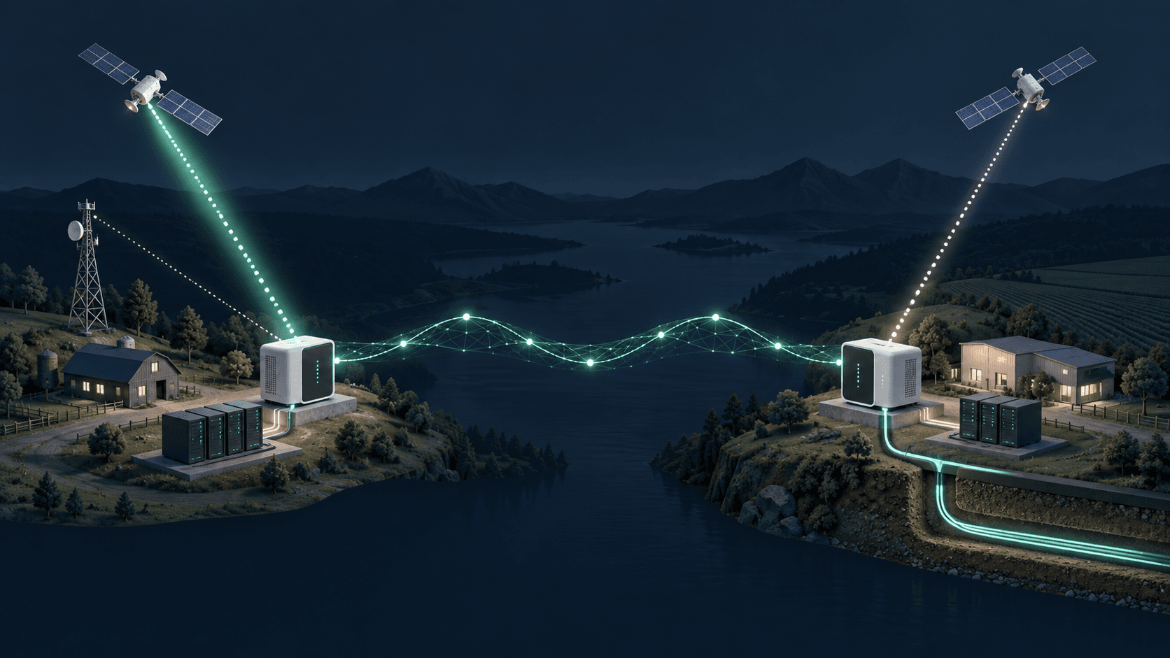 Concept illustration of primary and fallback internet links maintaining a secure connection between two rural sites