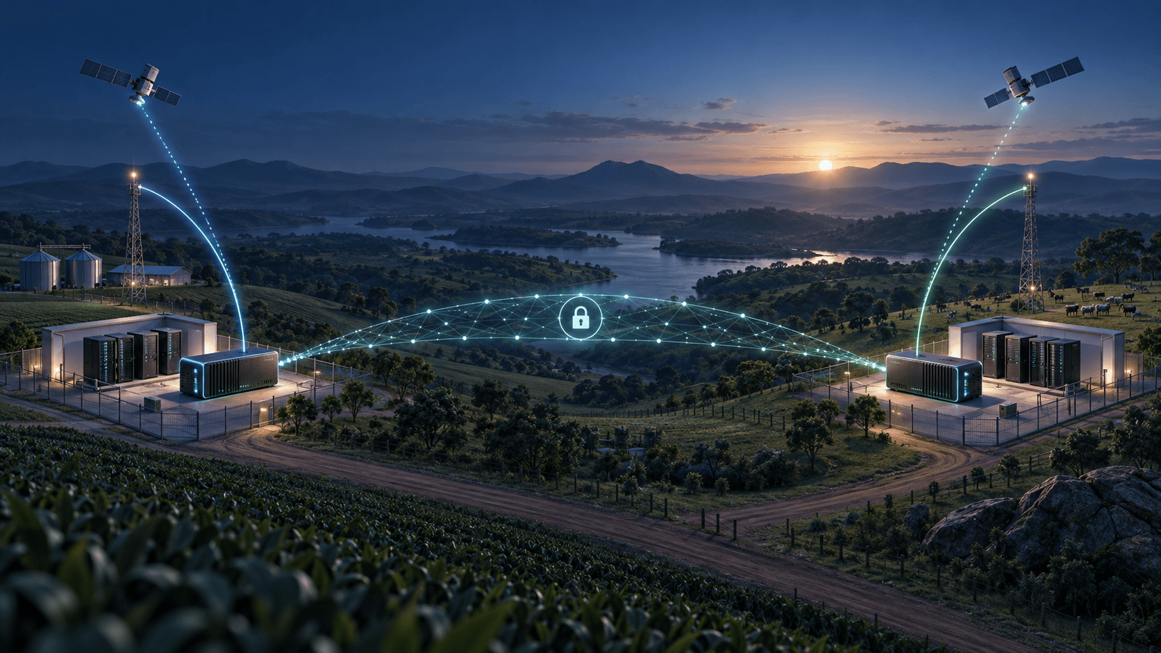 Concept illustration of two rural operations connected by a secure mesh between their gateways