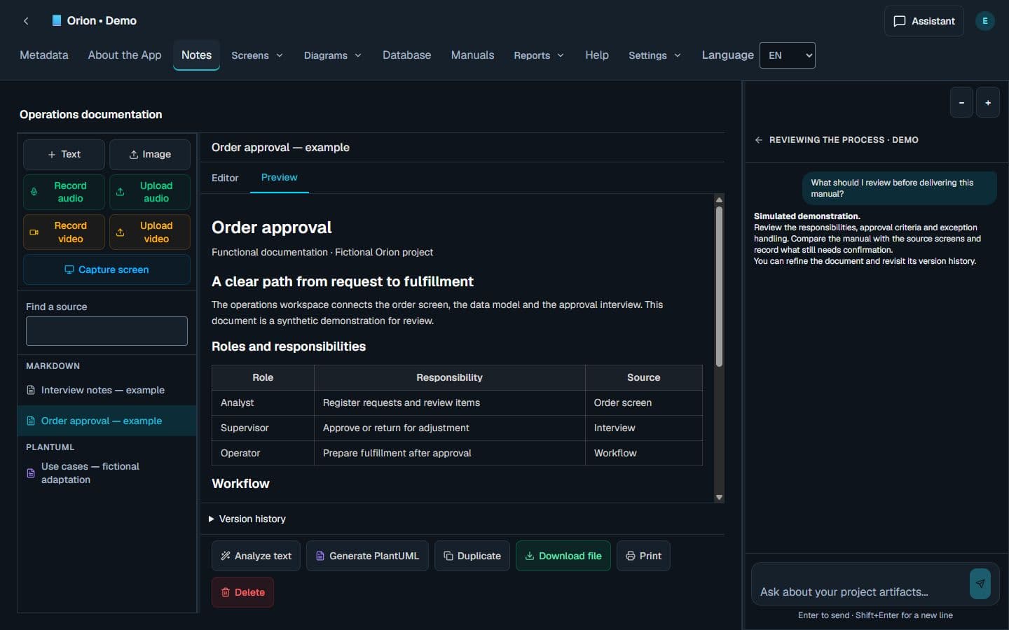 Code Analysis workspace with documentation and synthetic demonstration data