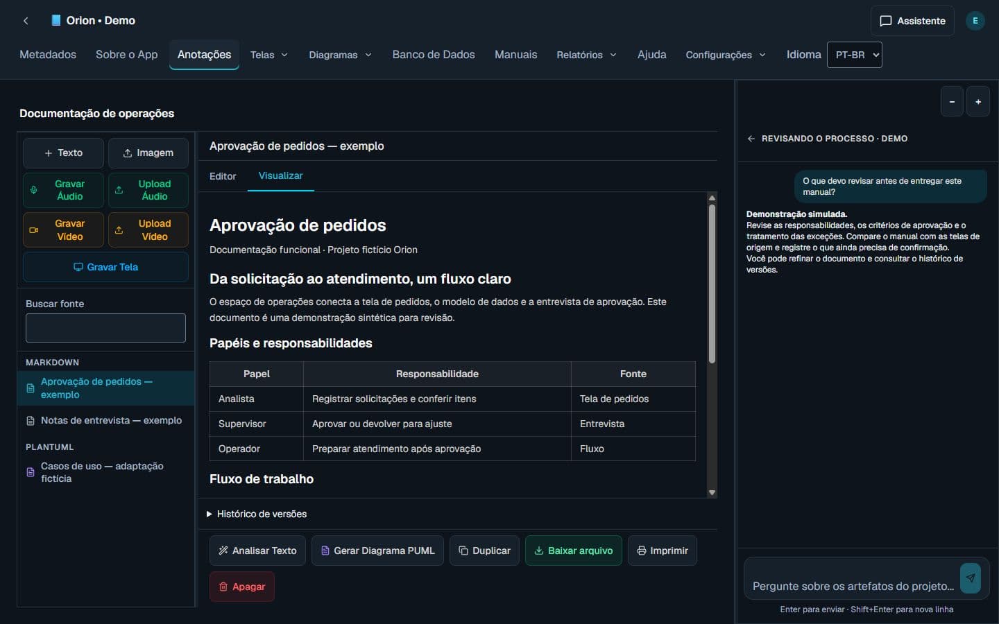 Interface do Code Analysis com documentação e dados sintéticos de demonstração