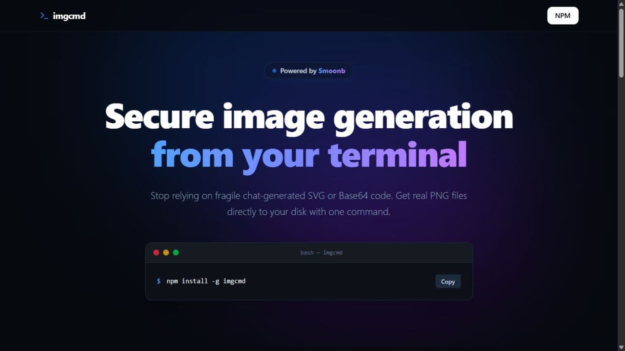 Página pública do imgcmd com comando de instalação em terminal
